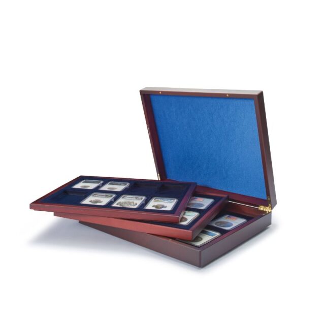 Leuchtturm Estuche Volterra Trio Deluxe Para Monedas De 2 Euro – Colección Estados Federados Alemanes, Madera Caoba Con Cierre Magnético